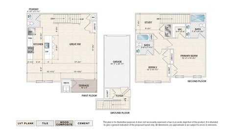 Floor plan for 2 beds, 2.5 baths, 1406 sqft
